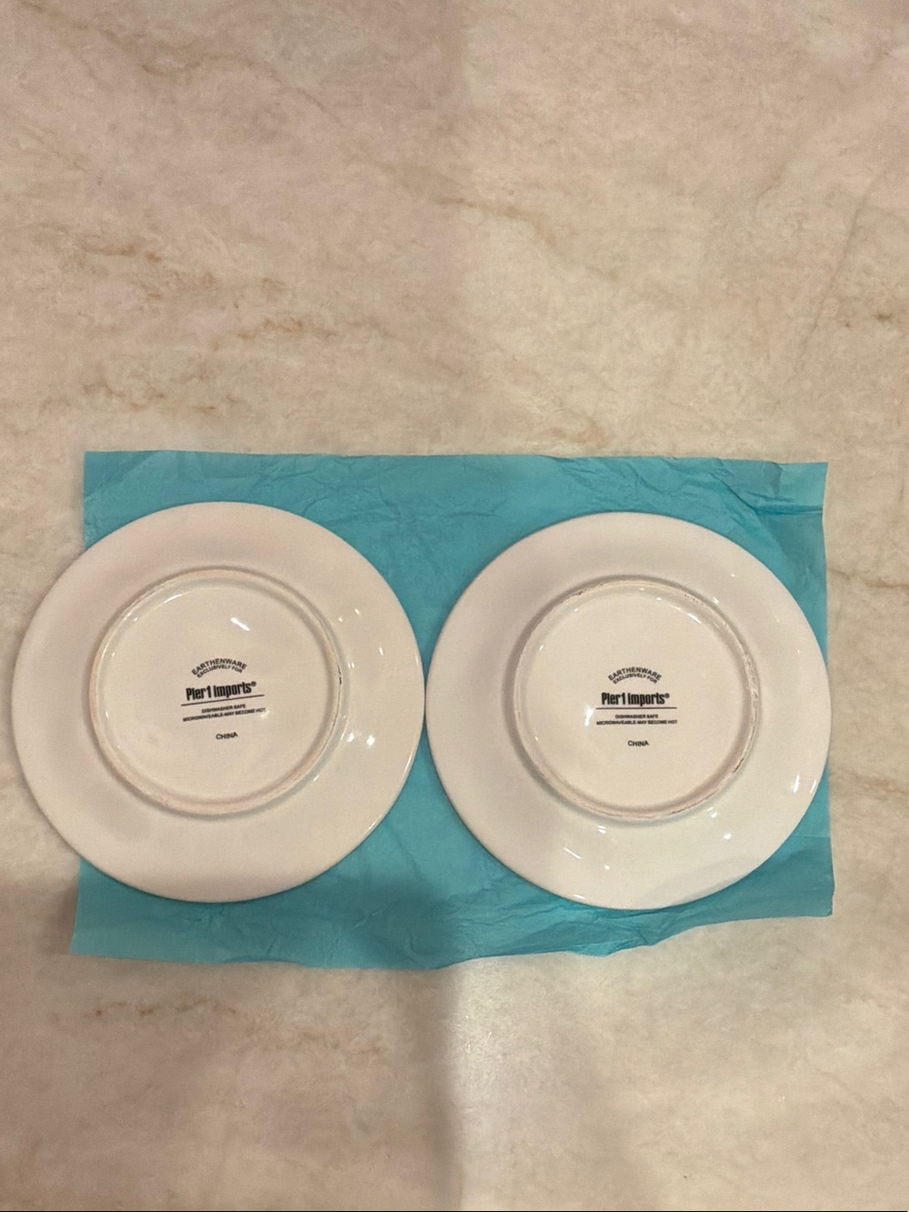 Pier 1 White Ceramic Champagne Plate Pair with Yellow & Blue Glass Motif - Picture 2 of 3
